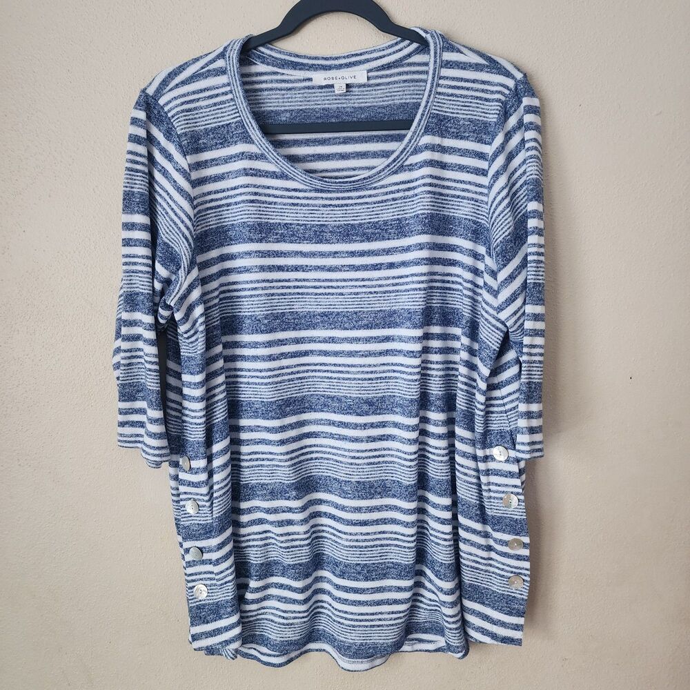 Rose & Olive Womens Blue Striped 3/4 Sleeve Side Button Tunic 2X Nautical Casual